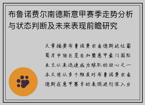 布鲁诺费尔南德斯意甲赛季走势分析与状态判断及未来表现前瞻研究